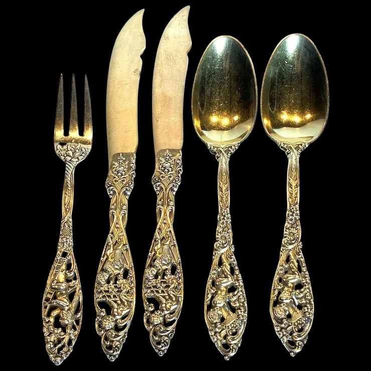 Vintage Ornate Victorian Sterling Silver Gold Washed Fork, Spoons and Knives (1 of 9)