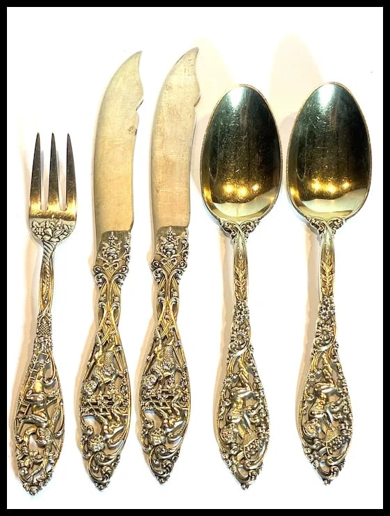 Vintage Ornate Victorian Sterling Silver Gold Washed Fork, Spoons and Knives - 2