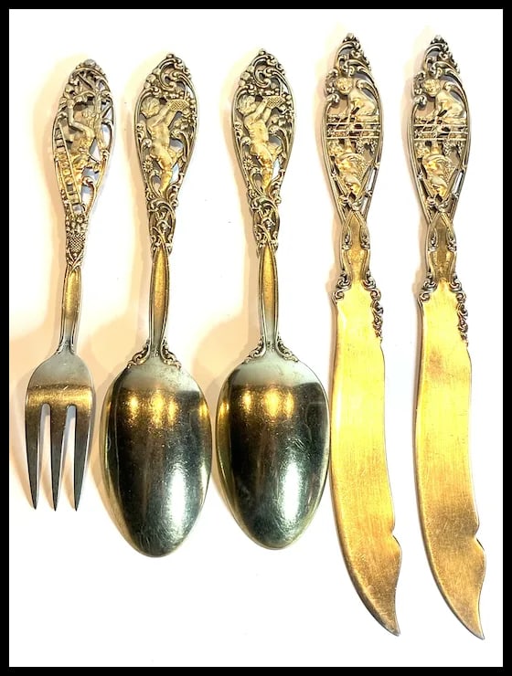 Vintage Ornate Victorian Sterling Silver Gold Washed Fork, Spoons and Knives - 4