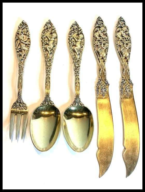 Vintage Ornate Victorian Sterling Silver Gold Washed Fork, Spoons and Knives - 5