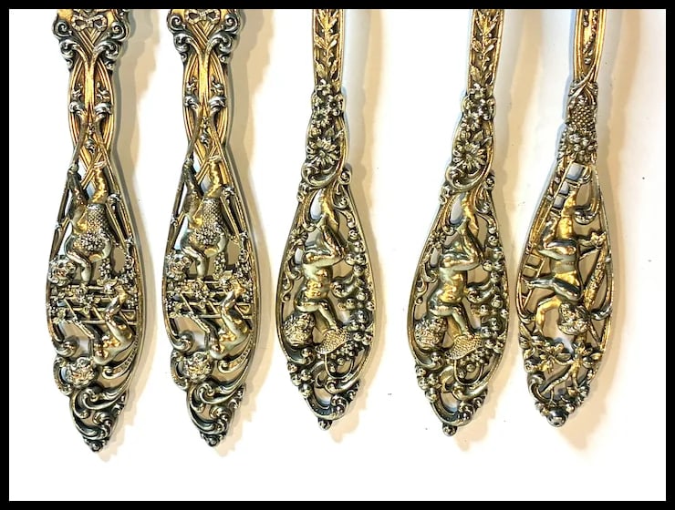 Vintage Ornate Victorian Sterling Silver Gold Washed Fork, Spoons and Knives - 6