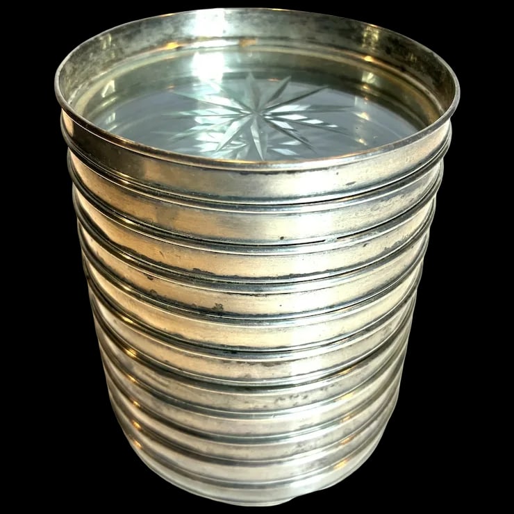 Mid Century Modernist Set of 11 Sterling Silver Rimmed Cut Glass Coasters (1 of 9)