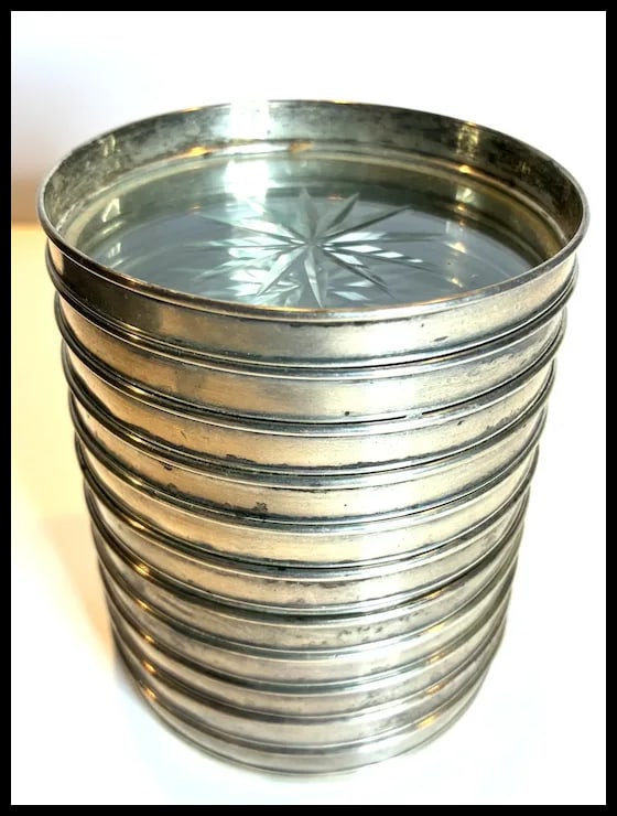 Mid Century Modernist Set of 11 Sterling Silver Rimmed Cut Glass Coasters - 2