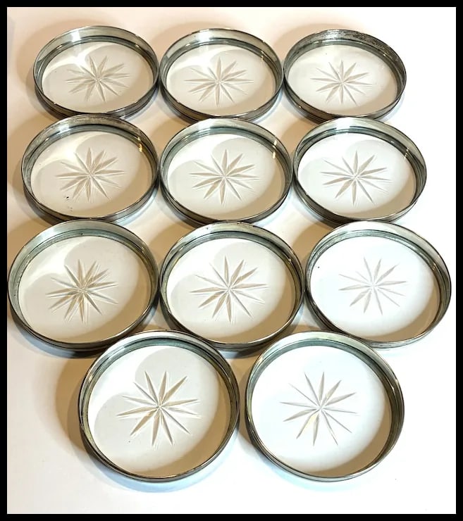 Mid Century Modernist Set of 11 Sterling Silver Rimmed Cut Glass Coasters - 4
