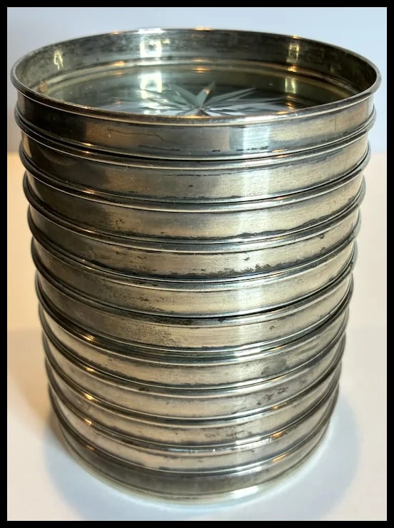 Mid Century Modernist Set of 11 Sterling Silver Rimmed Cut Glass Coasters - 7