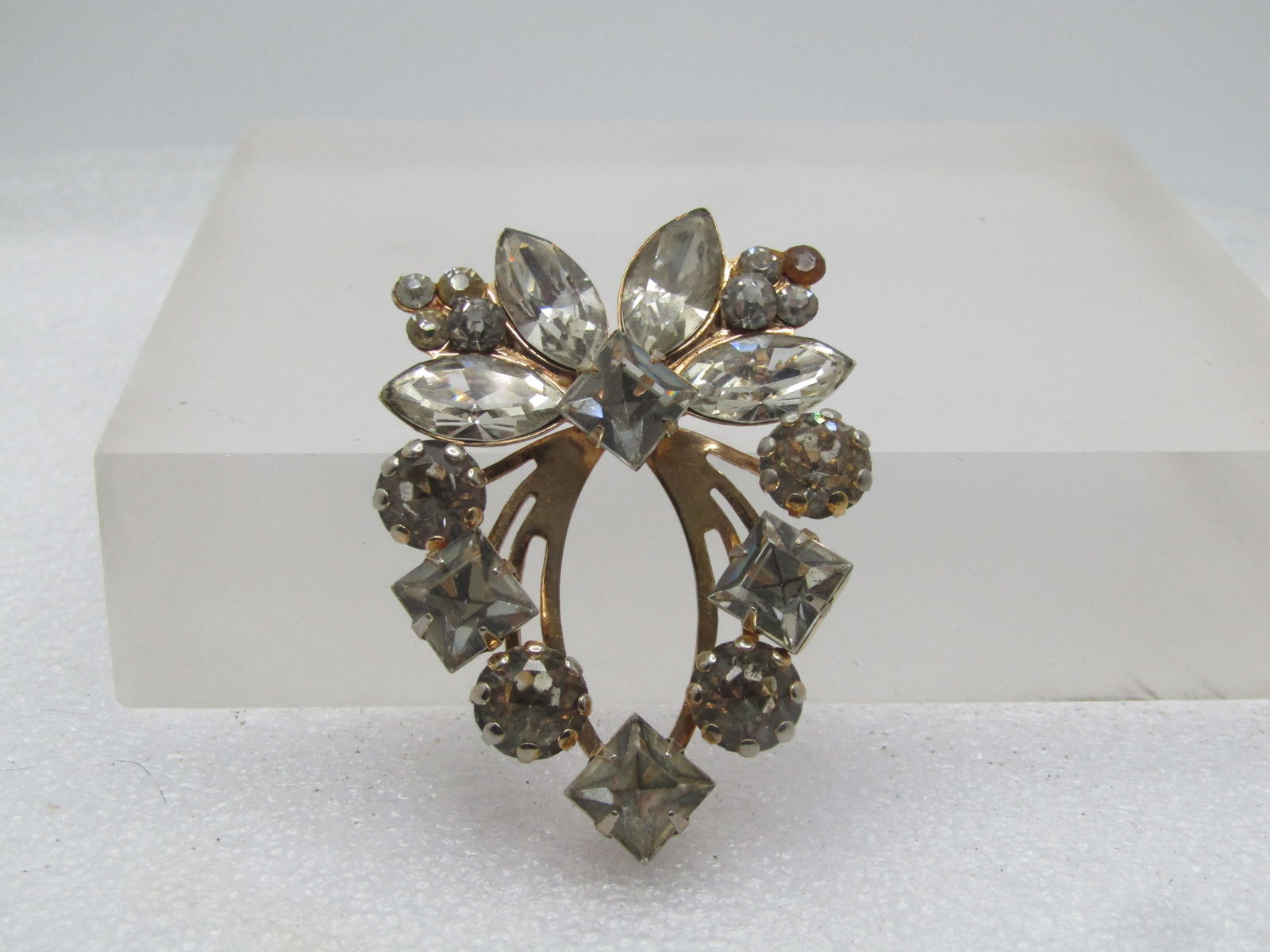 Vintage Mixed Clear Rhinestone Brooch, Modified Heart Shape, 1940's-1950's (1 of 4)