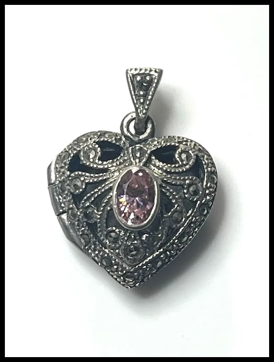 Vintage Sterling Silver Marcasite Heart Locket with Pink Oval Stone - 2