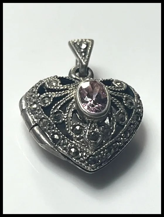 Vintage Sterling Silver Marcasite Heart Locket with Pink Oval Stone - 3