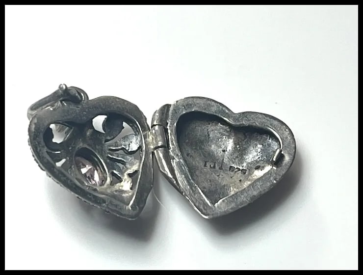 Vintage Sterling Silver Marcasite Heart Locket with Pink Oval Stone - 4