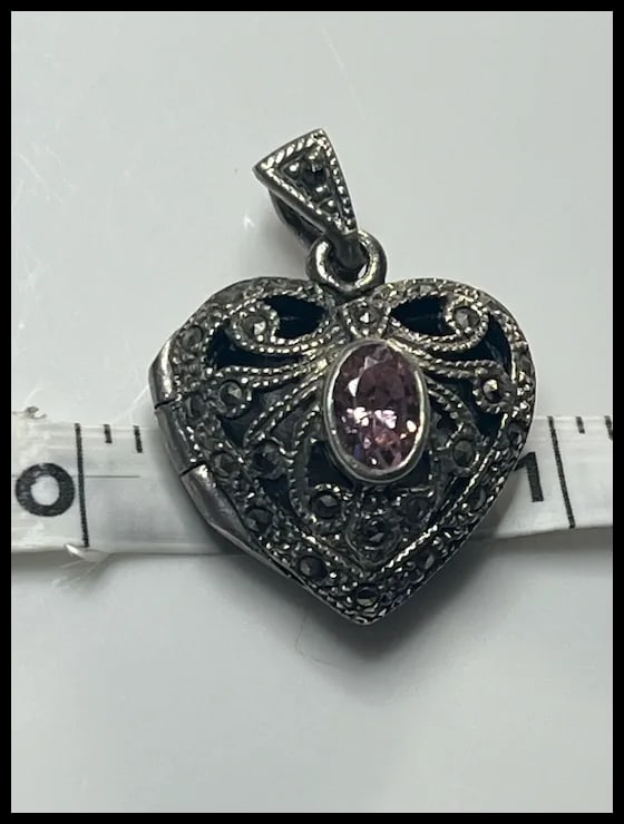 Vintage Sterling Silver Marcasite Heart Locket with Pink Oval Stone - 6
