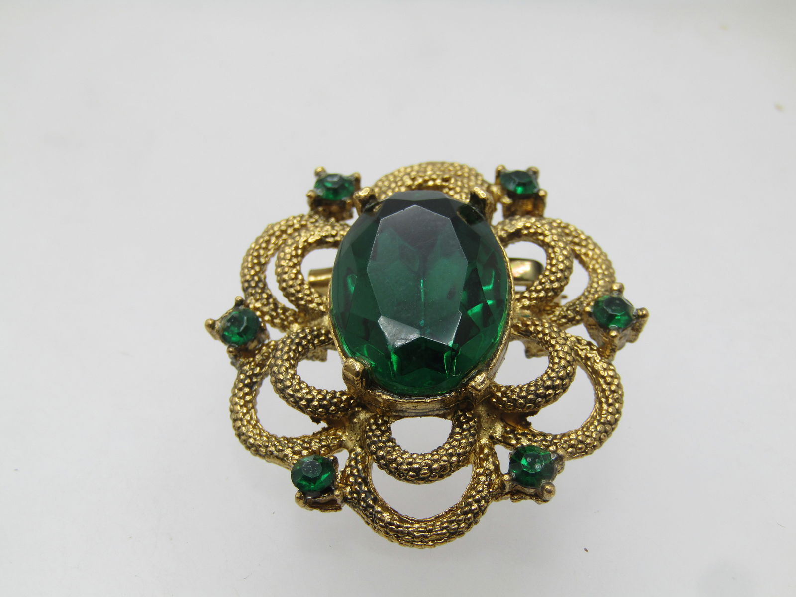 Vintage Green Rhinestone Scalloped Tiered Brooch, 1970's-1980's (1 of 4)