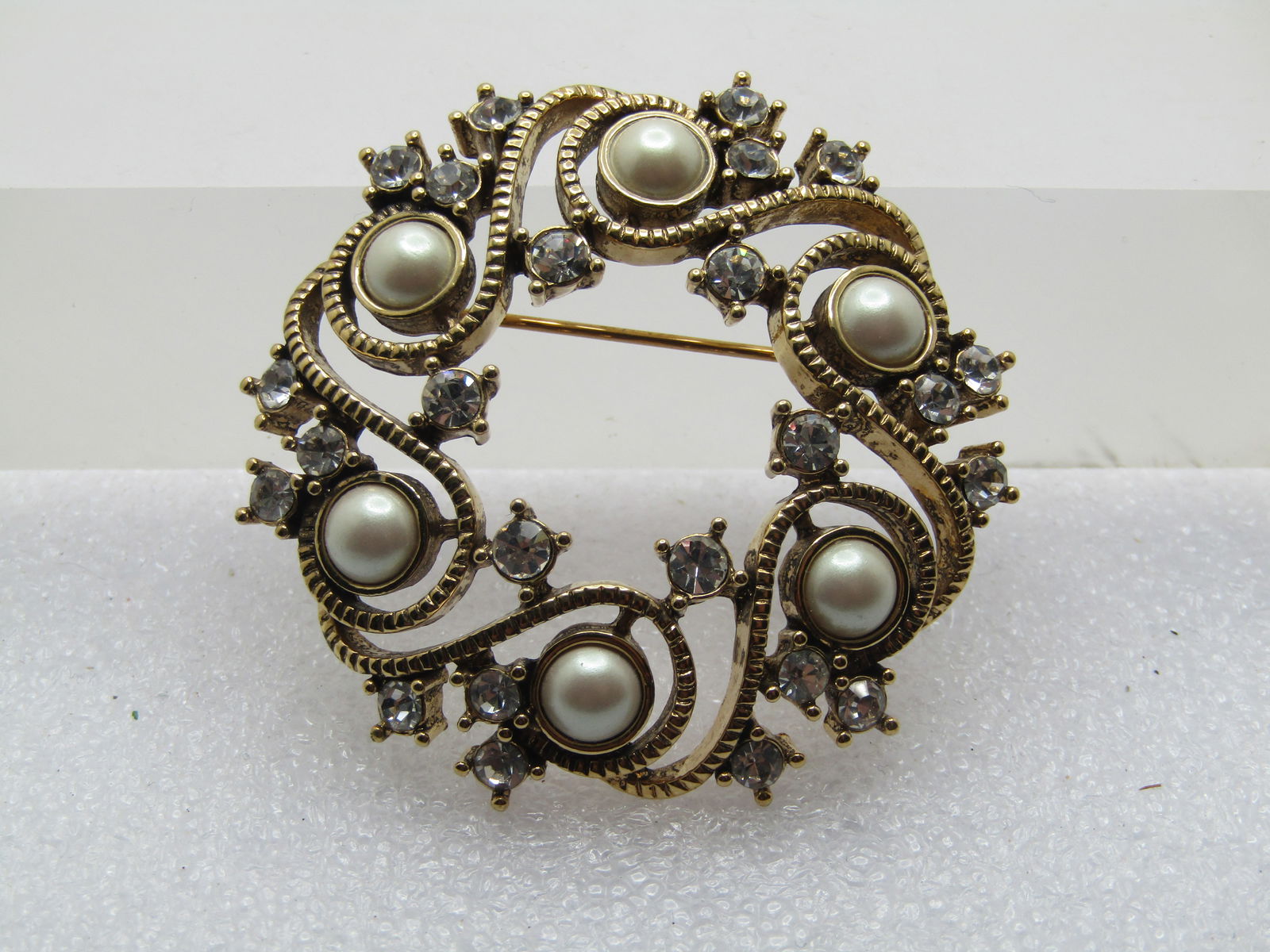 Vintage Monet Faux Pearl Rhinestone Brooch, 1960's-1980's, 1.75" (1 of 6)