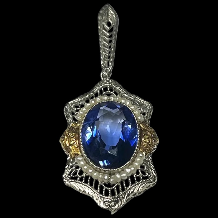 Antique 14k Gold Two Tone Blue Stone Seedpearl Pendant (1 of 7)