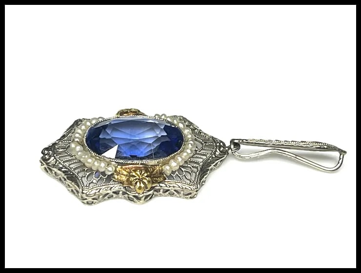 Antique 14k Gold Two Tone Blue Stone Seedpearl Pendant - 3