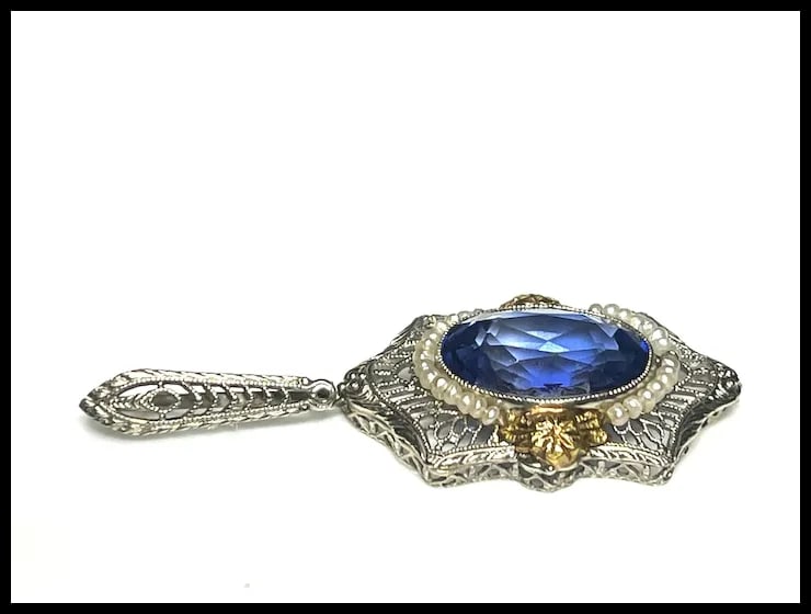 Antique 14k Gold Two Tone Blue Stone Seedpearl Pendant - 4