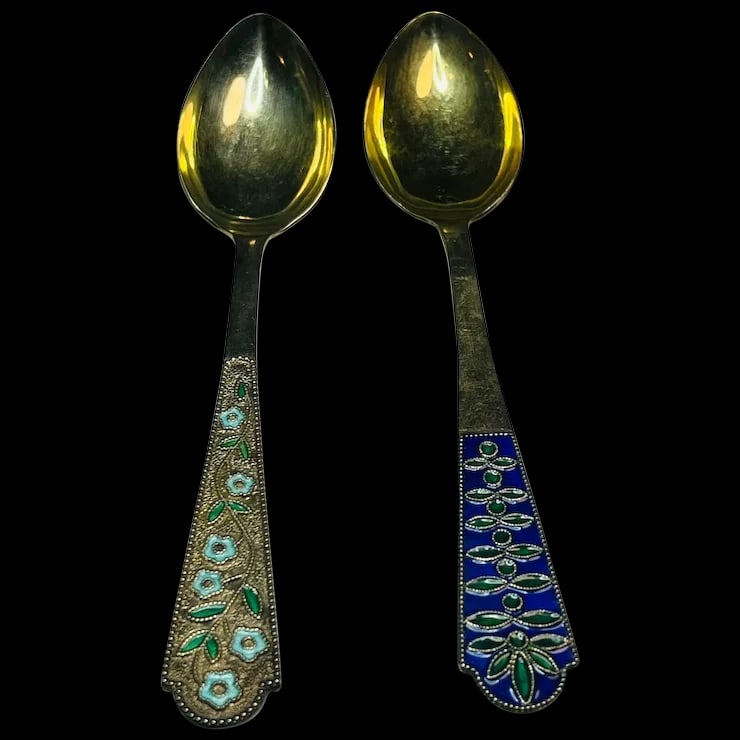 Two Vintage Soviet Russian 875 Silver and Enamel Detailed Teaspoons Gold Wash (1 of 9)