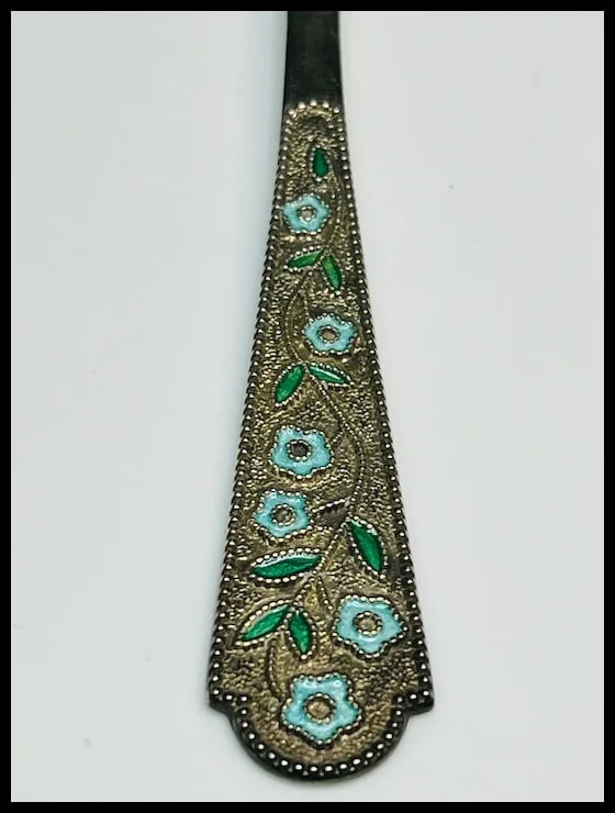 Two Vintage Soviet Russian 875 Silver and Enamel Detailed Teaspoons Gold Wash - 5