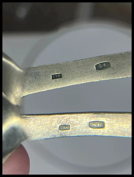 Two Vintage Soviet Russian 875 Silver and Enamel Detailed Teaspoons Gold Wash - 9