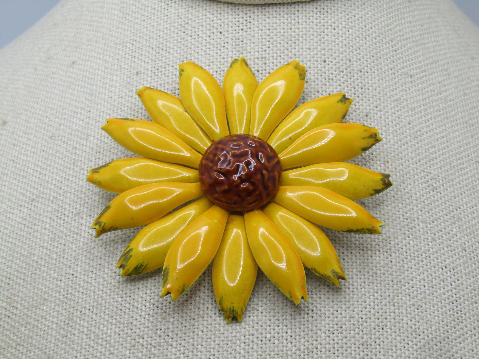 Vintage Yellow/Brown Enameled Flower Brooch Blossom Brooch 1960's, 2.5" (1 of 5)