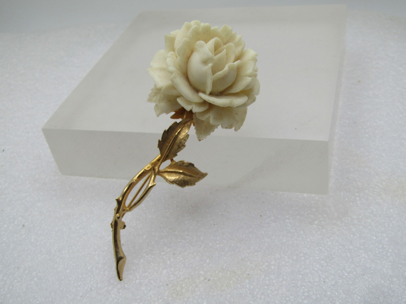 Vintage Faux Carved Rose Stem Brooch, Signed Accessocraft NYC, 1960's - 2