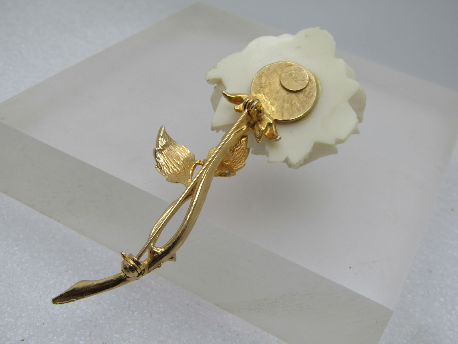 Vintage Faux Carved Rose Stem Brooch, Signed Accessocraft NYC, 1960's - 6
