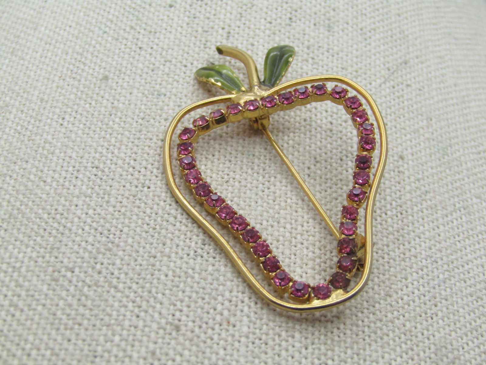 Vintage Pink Rhinestone Apple Brooch, Enameled Leaves, 1960's-1970's (1 of 5)
