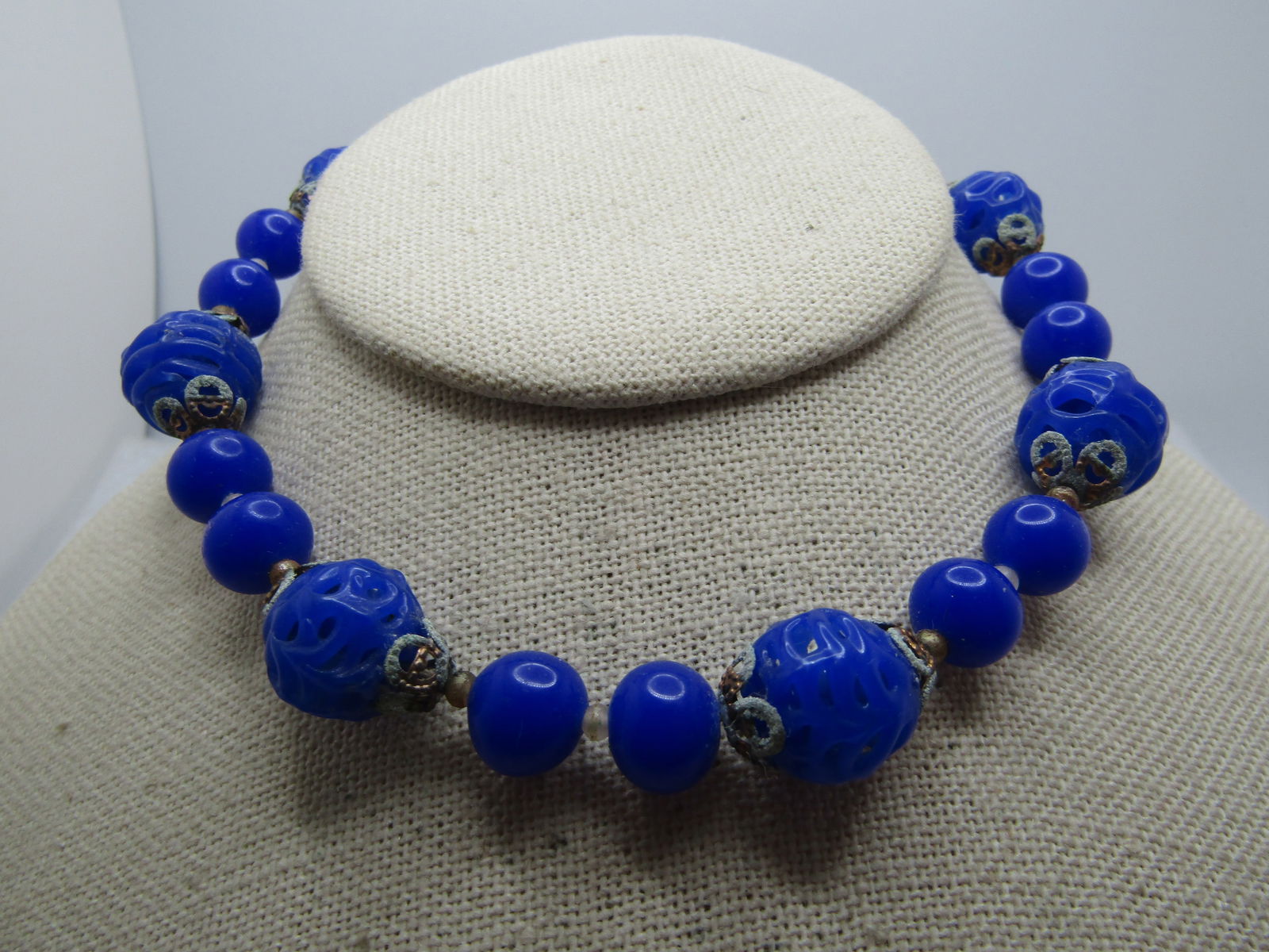Vintage Cobalt Solid and Japanese Lantern Style Beaded Necklace, 13" Repurpose, 1930's (1 of 5)