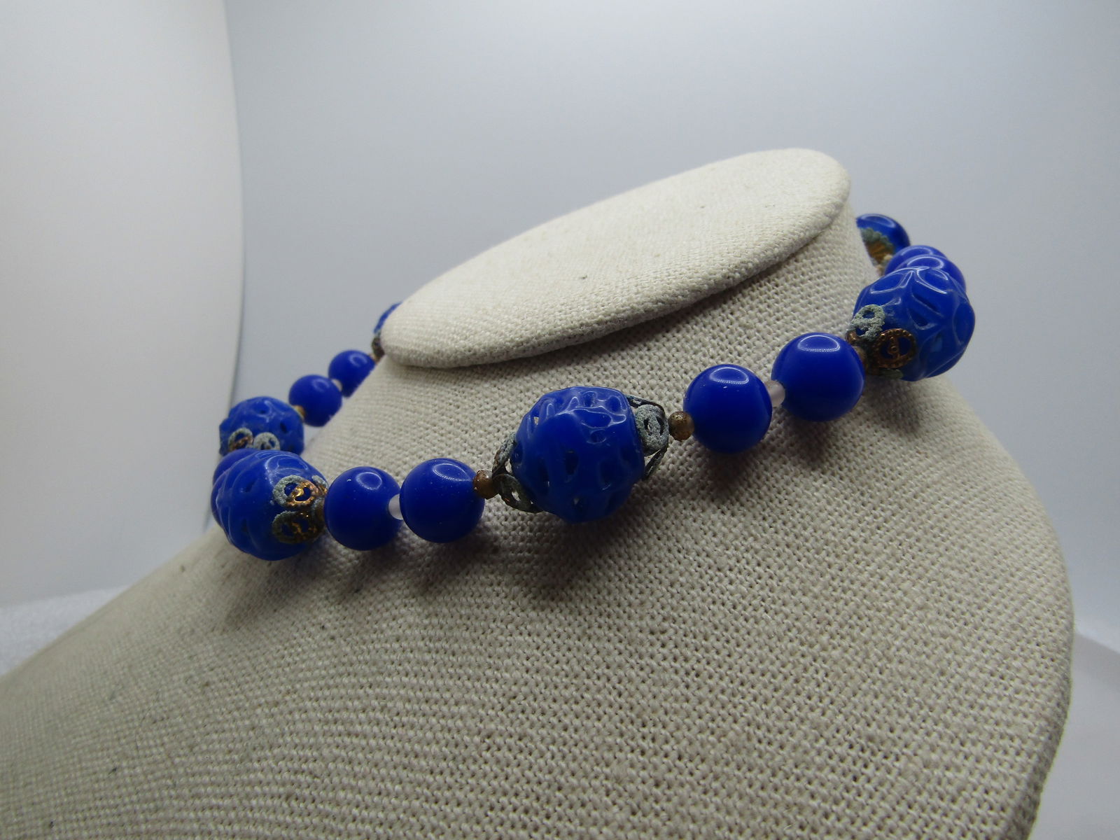 Vintage Cobalt Solid and Japanese Lantern Style Beaded Necklace, 13" Repurpose, 1930's - 2
