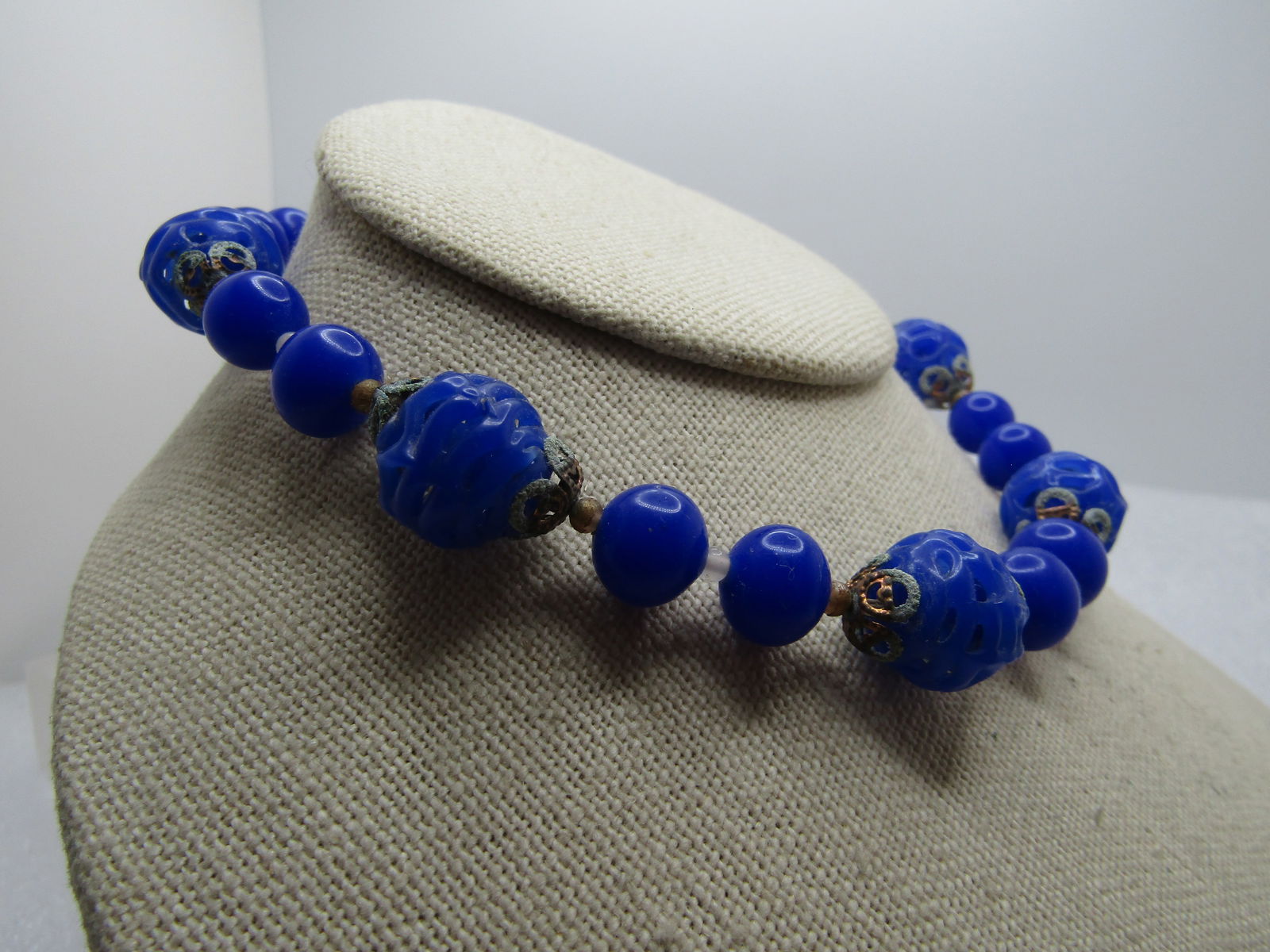 Vintage Cobalt Solid and Japanese Lantern Style Beaded Necklace, 13" Repurpose, 1930's - 3