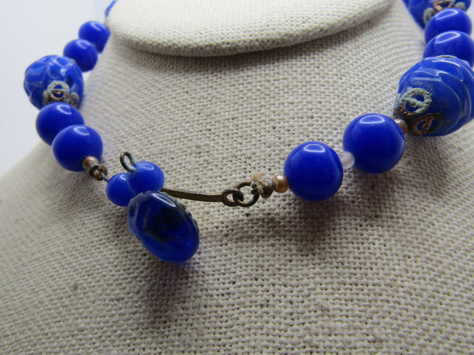 Vintage Cobalt Solid and Japanese Lantern Style Beaded Necklace, 13" Repurpose, 1930's - 4