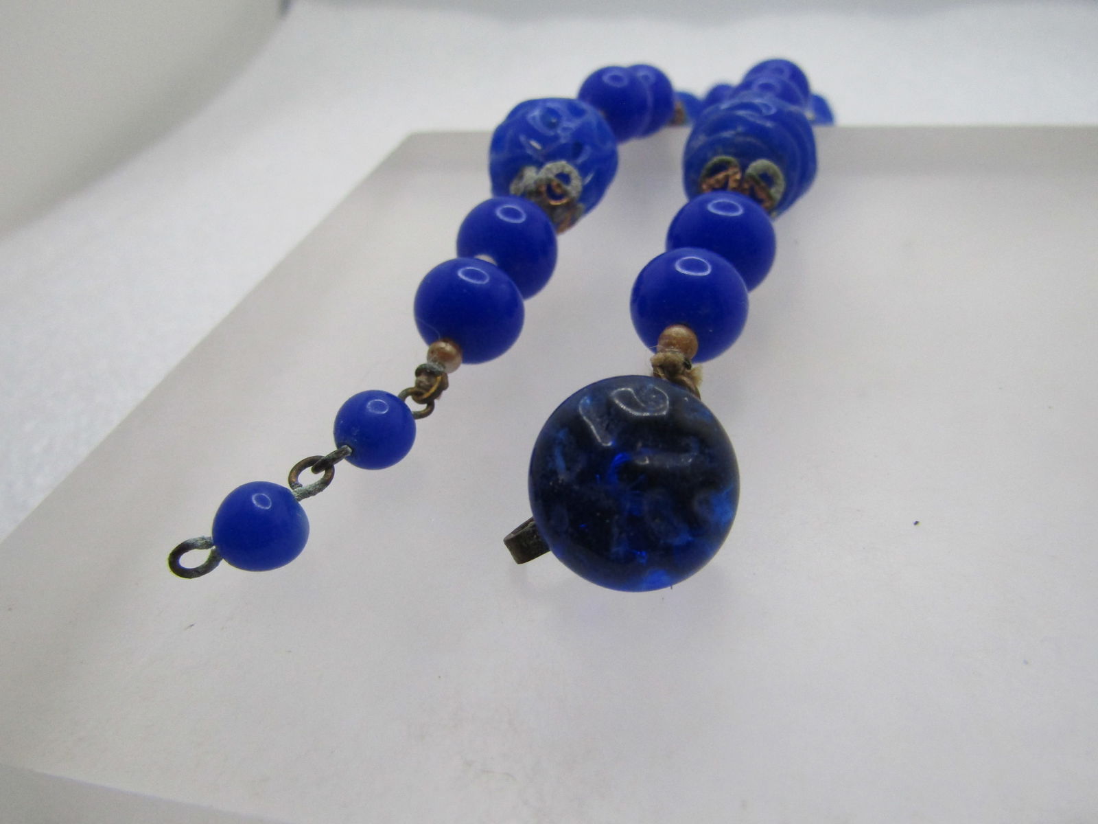 Vintage Cobalt Solid and Japanese Lantern Style Beaded Necklace, 13" Repurpose, 1930's - 5