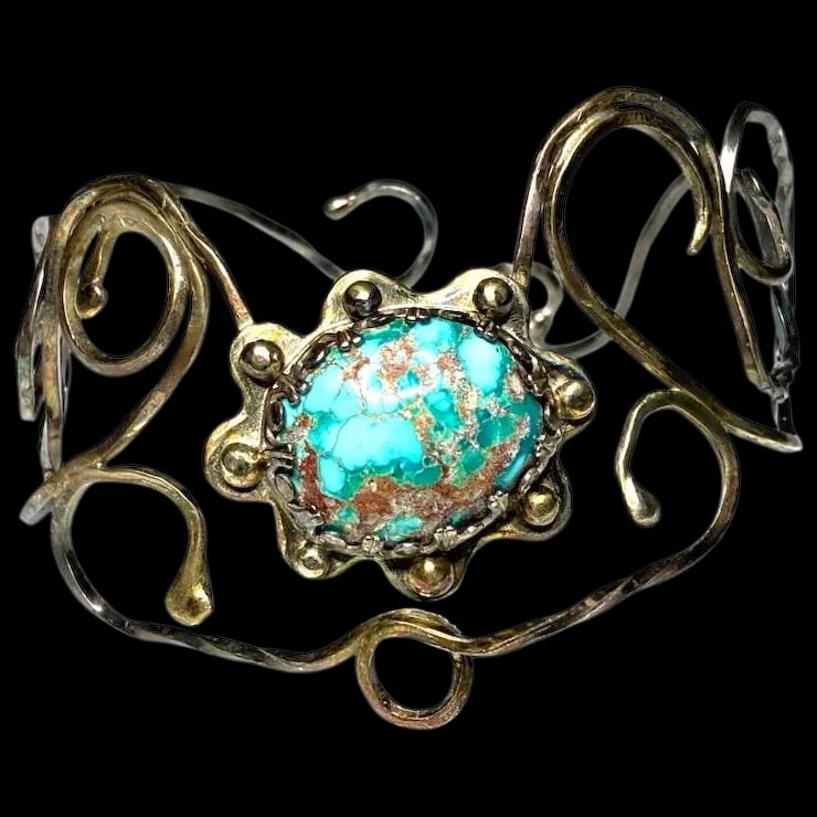 Vintage Handmade Navajo Sterling Silver and Turquoise Cuff Bracelet Signed NL (1 of 5)