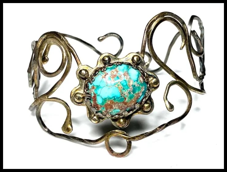 Vintage Handmade Navajo Sterling Silver and Turquoise Cuff Bracelet Signed NL - 2