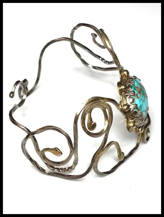 Vintage Handmade Navajo Sterling Silver and Turquoise Cuff Bracelet Signed NL - 3