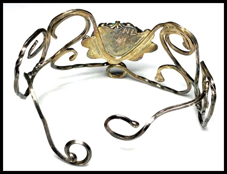 Vintage Handmade Navajo Sterling Silver and Turquoise Cuff Bracelet Signed NL - 4