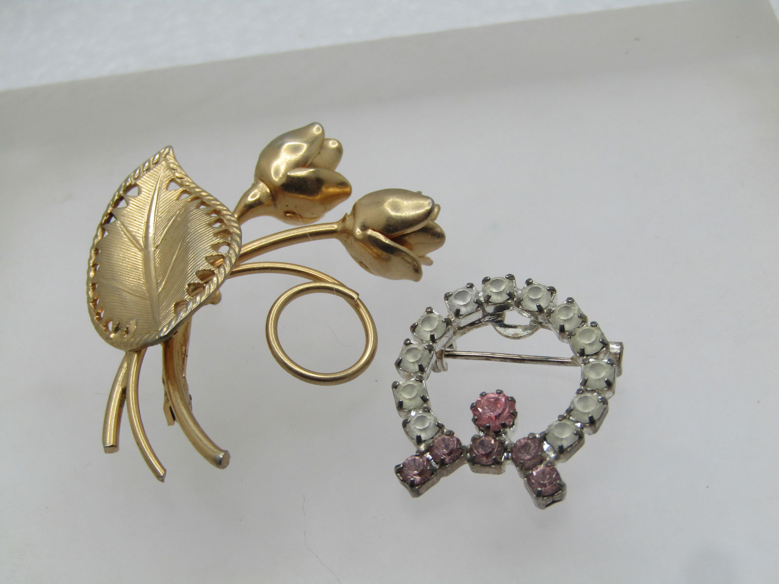 Pair of Vintage Brooches, Floral and Rhinestone Circle/Bow, 1960's (1 of 4)