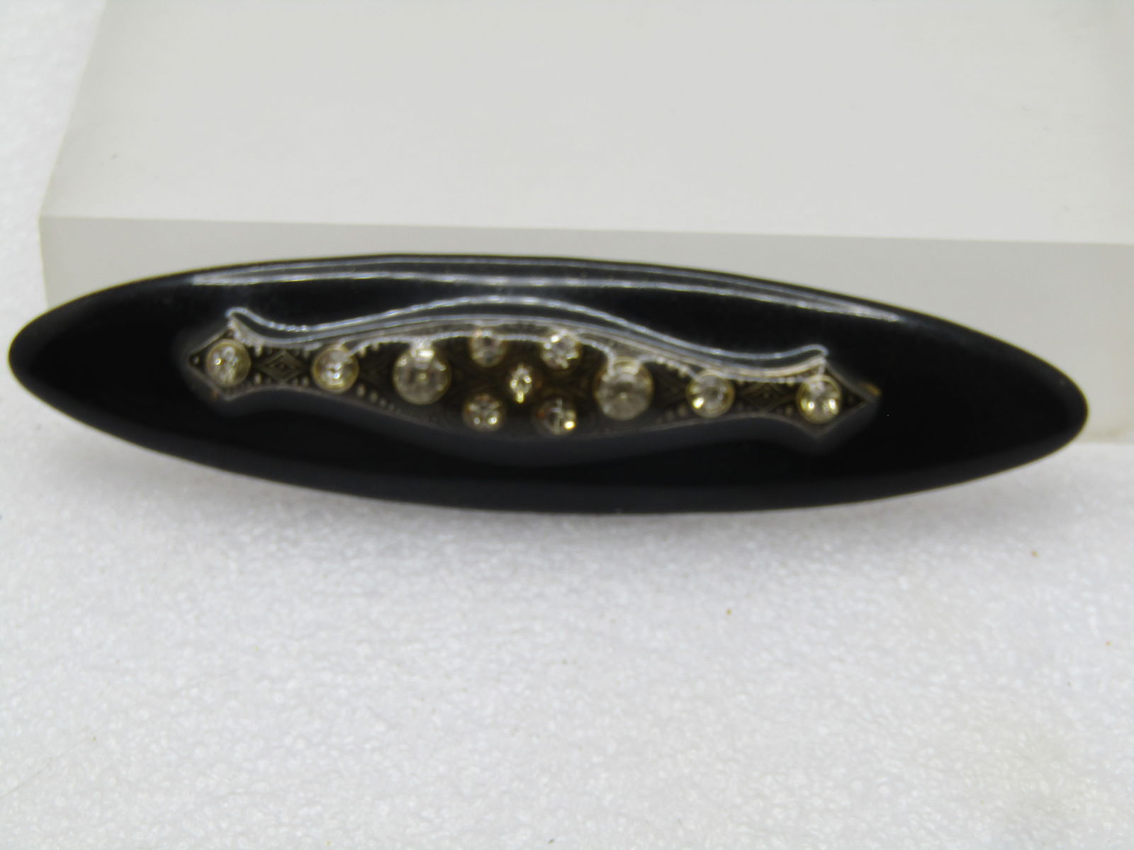 Vintage Black Enaemeled Rhinestone Brooch, 1980's, Victorian Themed, 4" - 3