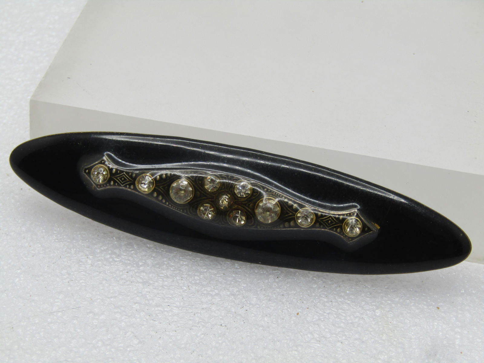 Vintage Black Enaemeled Rhinestone Brooch, 1980's, Victorian Themed, 4" - 5