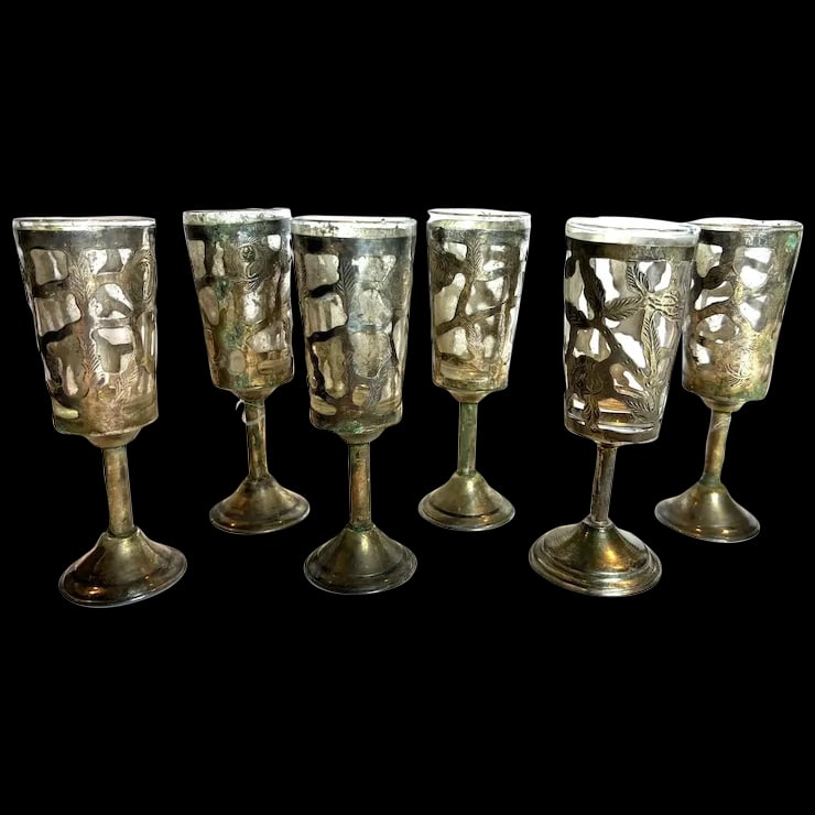Set of Six Mexican Glass Lined Sterling Silver Filigree Cordials Glasses (1 of 9)
