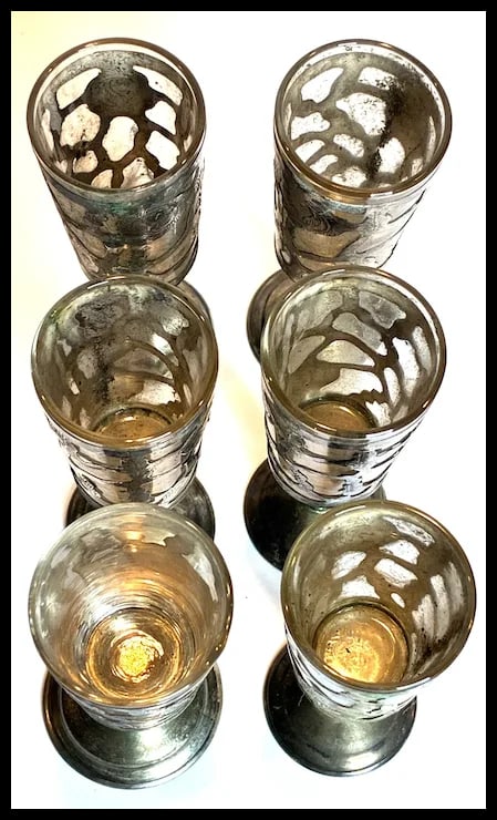 Set of Six Mexican Glass Lined Sterling Silver Filigree Cordials Glasses - 3