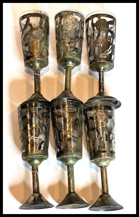 Set of Six Mexican Glass Lined Sterling Silver Filigree Cordials Glasses - 4