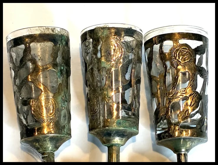 Set of Six Mexican Glass Lined Sterling Silver Filigree Cordials Glasses - 5
