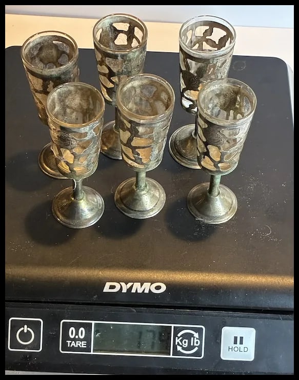 Set of Six Mexican Glass Lined Sterling Silver Filigree Cordials Glasses - 9