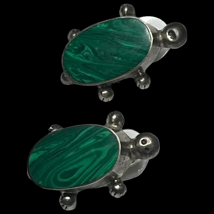 Vintage Sterling Silver Malachite Turtle Earrings (1 of 9)