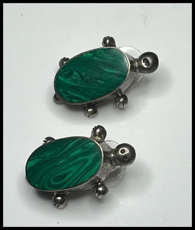 Vintage Sterling Silver Malachite Turtle Earrings - 2