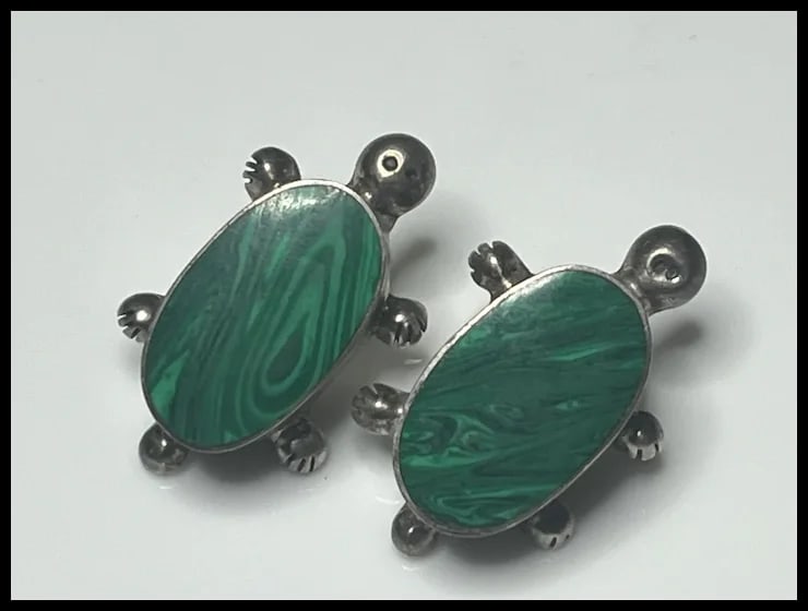 Vintage Sterling Silver Malachite Turtle Earrings - 3