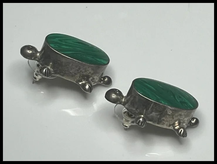 Vintage Sterling Silver Malachite Turtle Earrings - 5