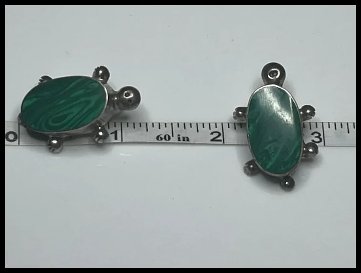 Vintage Sterling Silver Malachite Turtle Earrings - 8