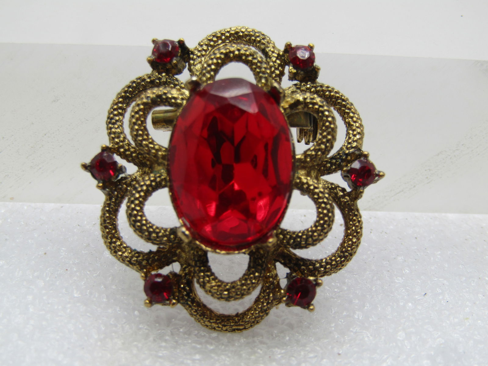 Vintage Tiered Red Rhinestone Brooch, Scalloped Frame, 1970's-1980's (1 of 5)