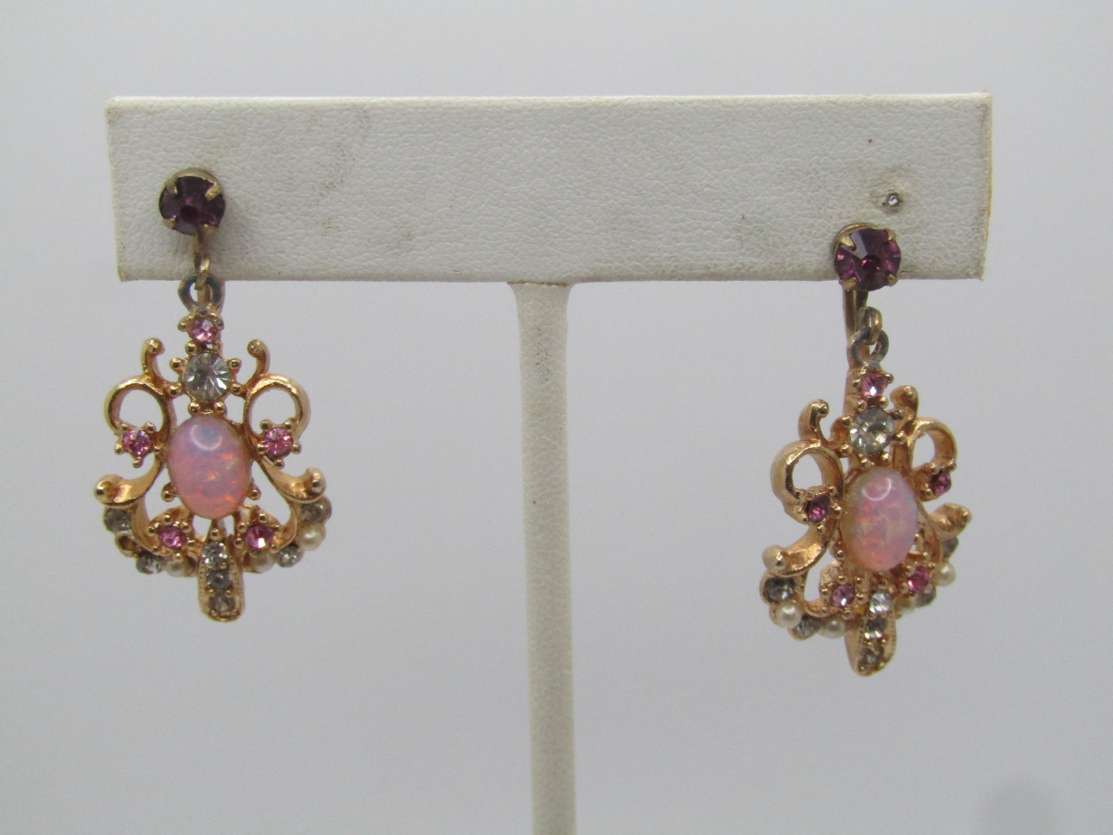 Vintage Faux Opal & Rhinestone Drop Earrings, Screwback, 1940's-1960's (1 of 6)